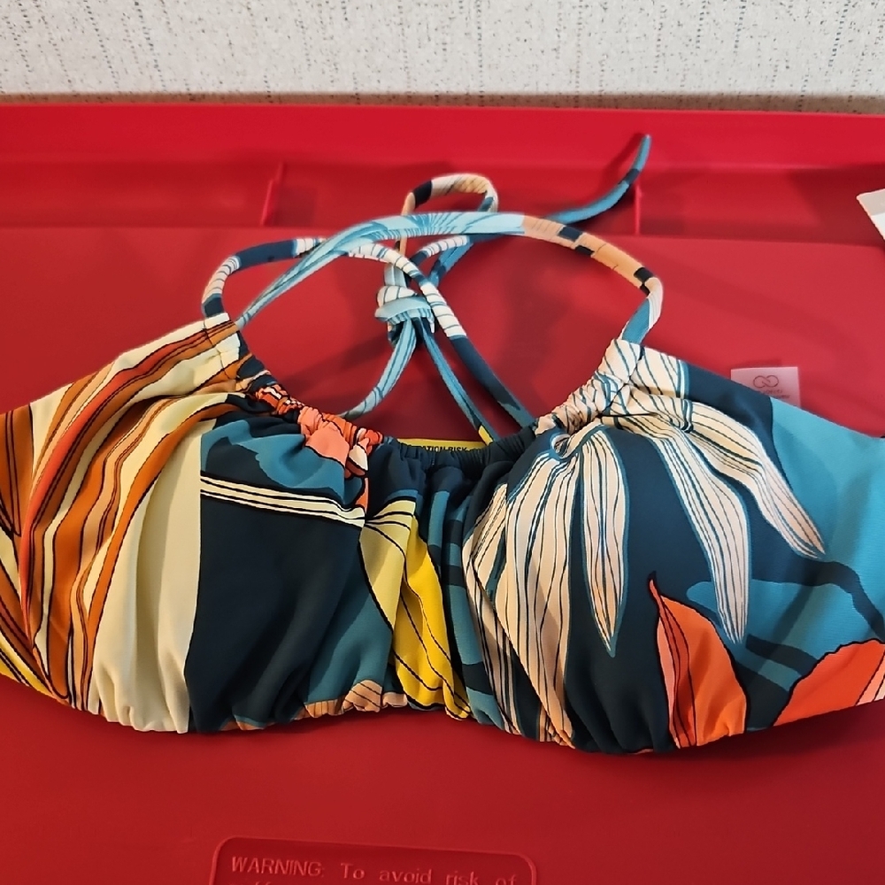 CALIA Women's Scrunched Tie Back Bikini Top: Botanical Print Sea Green: NWT: XS